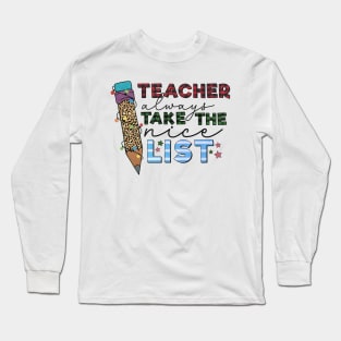 Buffalo Plaid Teacher Christmas Teacher Always Take The Nice List Leopard Print Gift Long Sleeve T-Shirt